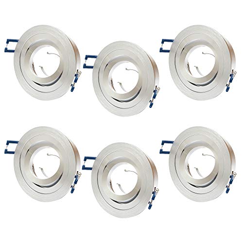 6x ALU Einbaustrahler GU10 Set – 6 Stück Aluminium Einbaurahmen Rund in Silber gebürstet Optik Inkl. GU10 Fassung für LED oder Halogen Leuchtmittel, 30° Schwenkbar, Rund, 230V von Lu-mi