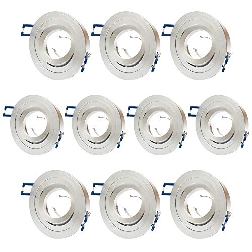 10x ALU Einbaustrahler GU10 Set – 10 Stück Aluminium Einbaurahmen Rund in Silber gebürstet Optik Inkl. GU10 Fassung für LED oder Halogen Leuchtmittel, 30° Schwenkbar, Rund, 230V von Lu-mi