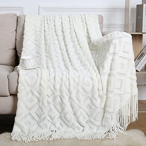 LumiSyne Gestrickte Decke Mit Quaste Einfarbig Jacquard Diamanten Muster Kuscheldecke Strickdecke Tagesdecke Überwurf Couchdecke Dekorative Decke Für Sofa Bett Beige 180x240cm von LumiSyne