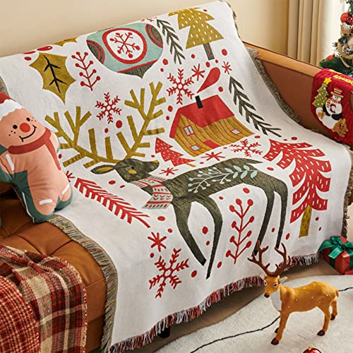 LumiSyne Weihnachts Dekorative Decke Baumwolle Gewebt Überwurf Mit Quaste Weihnachten Thema Jacquard Wandteppich Kuscheldecke Überwürfe Decke Für Bett Couch Sessel Camping Tischdecke Teppich 160x130cm von LumiSyne
