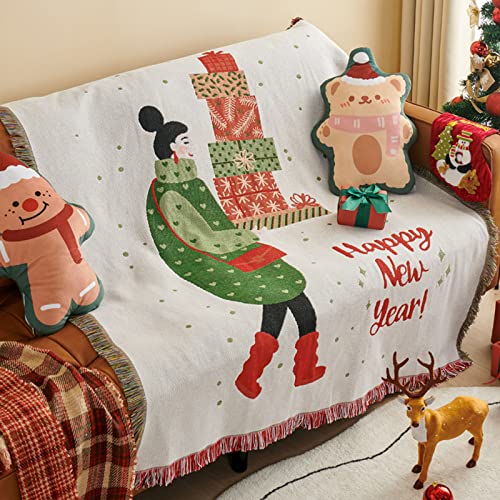 LumiSyne Weihnachts Dekorative Decke Baumwolle Gewebt Überwurf Mit Quaste Weihnachten Thema Jacquard Wandteppich Kuscheldecke Überwürfe Decke Für Bett Couch Sessel Camping Tischdecke Teppich 160x130cm von LumiSyne