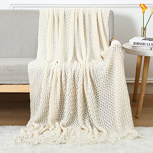LumiSyne Zellulare Strickdecke Mit Quaste Einfarbige Zartes Hohlen Webmuster Weich Atmungsaktiv Sofaüberwurf Couchbezug Tagesdecke Dekorative Decke Für Sofa Bett Sessel Auto Reise von LumiSyne