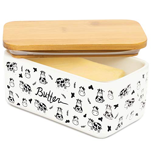 Lumicook Porzellan-Butterdose mit Deckel, Deckel aus natürlichem Bambus, Dichtung für luftdichte Butterdose, Butterhalter für 2 Butter-Sticks schwarz von Lumicook