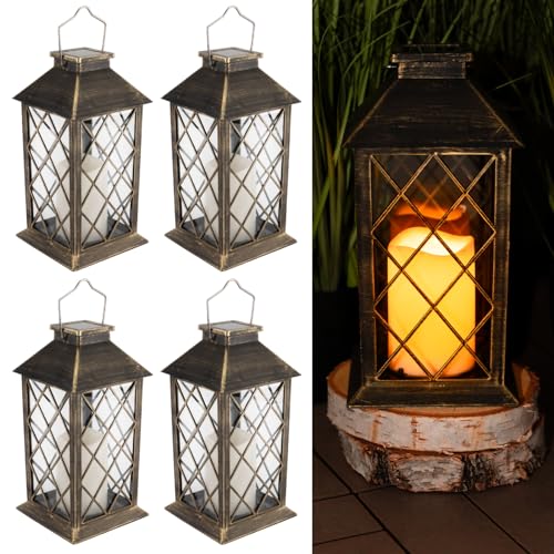 LUMILED 4x Solarlaterne für Außen Solar Laternen Draußen LED Glas Laterne Solarleuchte mit Kerze Flacker Effekt Kerze IP44 Vintage Patina Hängend Dekorative Licht Außenleuchte Gartenleuchte von Lumiled
