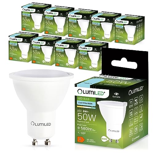 LUMILED GU10 LED, 6W 580 Lumen Leuchtmittel, 6500K kaltweiß Birne Lampe Strahler Spot, ersetzt 50W Halogenlampen, 120° Grad Strahlwinkel Reflektorlampen Reflektor 10 Stück Energiesparlampen von LUMILED