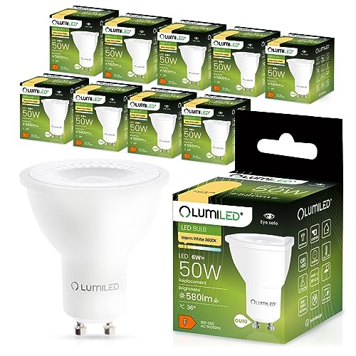 LUMILED GU10 LED 6W 3000K Warmweiß Leuchtmittel 580 lm Birnen kann Ersetzen 50W Halogen. AC 230V, Abstrahlwinkel 36° Reflektorlampen Reflektor Strahler Licht Energiesparlampen 10er-Set Lampen von LUMILED