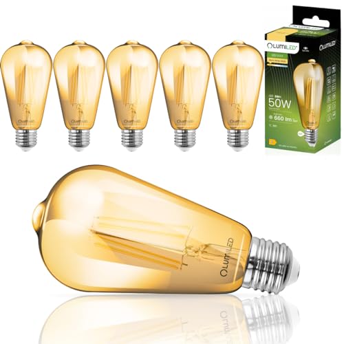 LUMILED Edison Vintage Glühbirne, 6er-Pack ST64 E27 LED Lampe 6W (50W) 660lm, Retro Antike Glas Leuchtmittel 2000K Amber Licht Traditionelle Warmglow Birne 360° Filament Fadenlampe von LUMILED