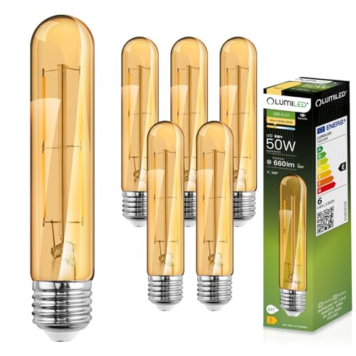 LUMILED T30 E27 Vintage LED Lampe 6W (Entspricht 60W), 660 Lm Farbiges Glas Leuchtmittel in Röhr 2200K Amber Licht Traditionelle Retro Warmglow Birne Filament 360° Glühbirnen, 6er-Pack Fadenlampe von LUMILED