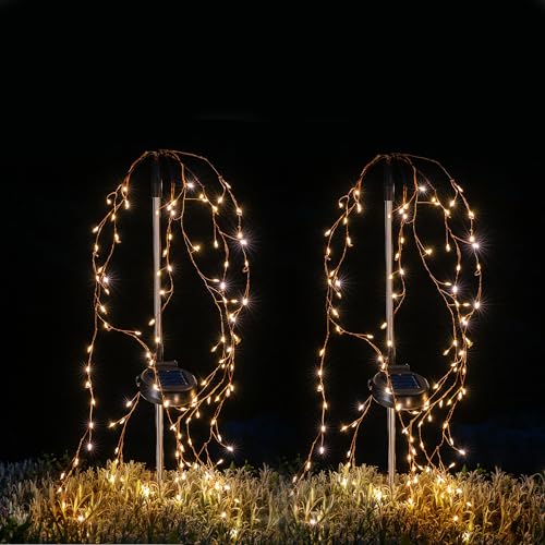Lumiled 2x Solarleuchte für außen Garten Beleuchtung Wasserfall Solarlampe mit Erdspieß Solarlampe Warmweiß 120 LED 2700K IP44 Gartenleuchte für Aussen 70 cm Akku 600 mAh Solar Wegbeleuchtung von Lumiled