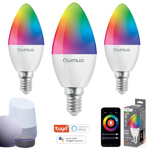 Lumiled 3x Smart SAYO B35 LED Lampe E14 5W (40W) 450lm WLAN Dimmbar Mehrfarbig RGBW Wifi Glühbirne Timer Smart home 16 Mio. Farben App Steuerung kompatibel mit Amazon Alexa Google Assistant Tuya von Lumiled