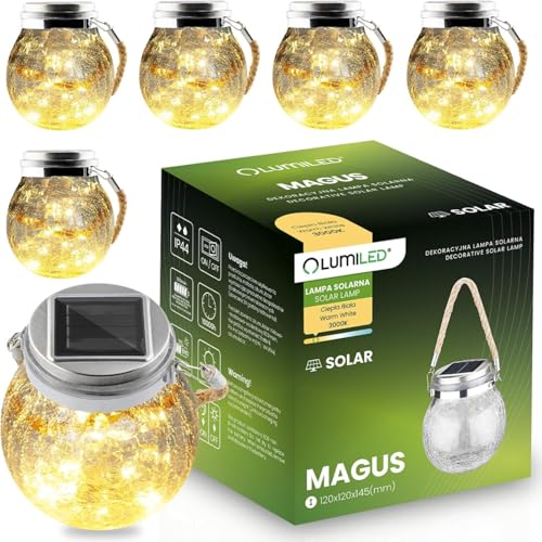Lumiled 6x Set Solarleuchte Einmachglas Hängende Licht IP44 3000K 20 Led 600mAh Glas Pendelleuchte Außenlaternen ⌀12 cm Solar für Außen Dämmerungssensor Risslicht für Außen Garten Terrasse von Lumiled