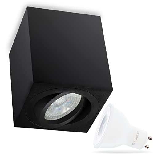 Lumiled Aufbaustrahler Aufbauleuchte Aufputz Deckenlampe Spot schwenkbar (eckig schwarz) Downlight aus Aluminium inkl. LED GU10 Fassung 6 W 230V 36 Grad Abstrahlwinkel Warmweiß 3000K ⌀80x84mm von Lumiled
