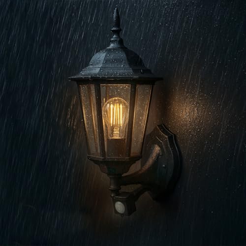 Lumiled Außenwandleuchte Vintage 230V Wandlampe mit Bewegungsmelder Außenlampe Wandleuchte Aluminium Schwarz Glas IP44 Wasserdicht E27 Fassung Outdoor Außen Garten Retro Gartenlampe von Lumiled