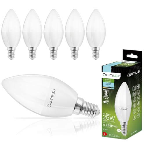 Lumiled B35 E14 LED Lampe 2,5W (ersetzt 25W), 249 Lumen, Kerze Milch Glas Leuchtmittel in Kerzeform 6500K Kaltweiß Birne Lampen 180° Grad Abstrahlwinkel Glühbirnen Kerzenbirnen 6er-Pack von Lumiled