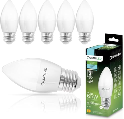 Lumiled B35 E27 Fassung LED Lampe 8W (ersetzt 65W) 880 Lumen Kerze Milch Glas Leuchtmittel in Kerzeform 6500K Kaltweiß Birne Lampen 180° Grad Abstrahlwinkel LED Lampen Kerzenbirnen 6er-Pack von Lumiled