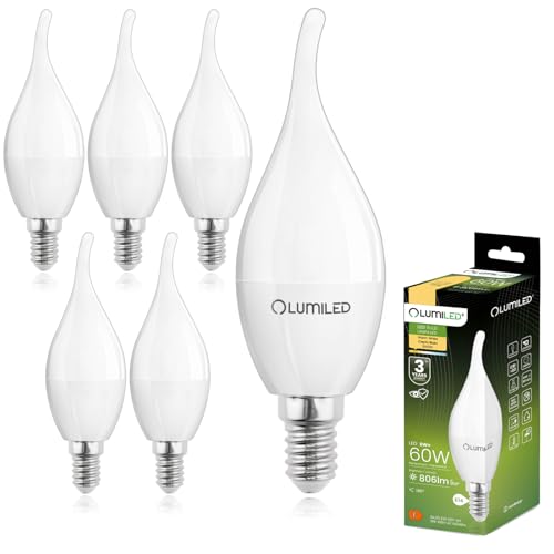 Lumiled BA35 E14 LED Lampe 8W (ersetzt 60W), 806 Lumen, Kerze Milch Glas Leuchtmittel in Kerzeform Windstoß 3000K Warmweiß Birne Lampen 180° Grad Abstrahlwinkel LED Lampen Kerzenbirnen 6er-Pack von Lumiled