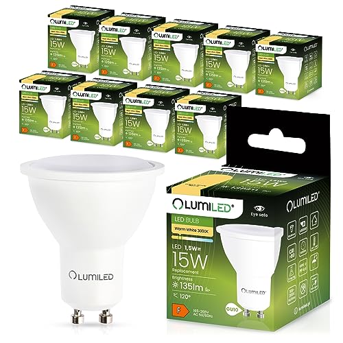 Lumiled GU10 LED, 1.5W 135 Lumen Leuchtmittel, 3000K warmweiß Birne Lampe Strahler Spot, ersetzt 15W Halogenlampen, 120° Grad Strahlwinkel Reflektorlampen Reflektor 10 Stück Energiesparlampen von Lumiled