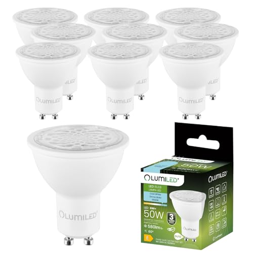 Lumiled GU10 LED, 6W 580 Lumen Leuchtmittel, 6500K kaltweiß Birne Lampe Strahler Spot, ersetzt 50W Halogenlampen, 24°/36°/60° Grad Strahlwinkel Reflektorlampen Reflektor 10 Stück Energiesparlampen von Lumiled