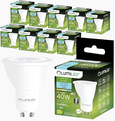 Lumiled GU10 LED Lampe 10er Set PAR16 3.4W ersetzt 40W 470Lm 6500K Kaltweiß Spot Reflektor 38° Nicht Dimmbar Energiesparend Leuchtmittel 230V für Deckenspots Deckenleuchte Wohnzimmer Schlafzimmer Büro von Lumiled