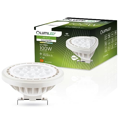 LUMILED LED-Leuchtmittel AR111 G53 Fassung Spannung 12V DC/AC 15W (Entspricht Halogen 100 Watt) Neutralweiß 4000K 38 Grad Abstrahlwinkel weiß 1521 Lumen Ra>80 Kunststoff von LUMILED