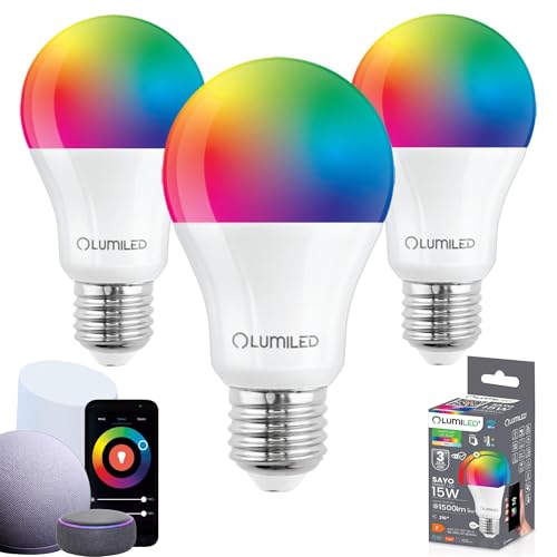 Lumiled Smart SAYO A65 LED Lampe 3er Set E27 15W (100W) 1500lm WLAN Dimmbar Mehrfarbig RGBW Wifi Timer Smart home 16 Mio. Farben App Steuerung kompatibel mit Amazon Alexa Google Assistant Tuya von Lumiled