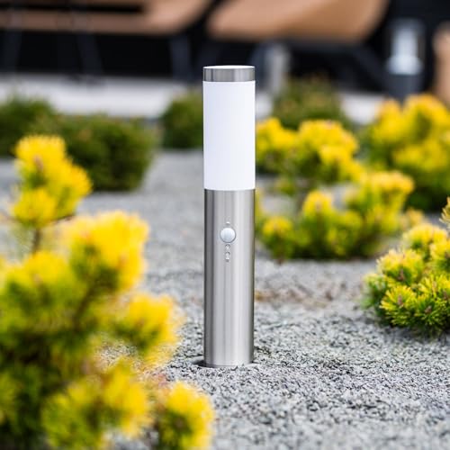 Lumiled Wegeleuchte Außen Pollerleuchte Sockelleuchte mit Bewegungsmelder Stehlampe Außenleuchte Gartenleuchte Wegelampe stehend 45cm IP44 Silber Edelstahl E27 Fassung Säulenlampe Pfostenlichter von Lumiled