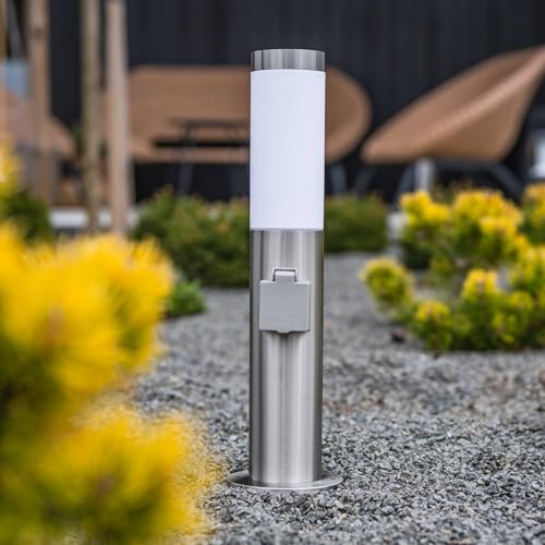 Lumiled Wegeleuchte Außen Pollerleuchte Sockelleuchte mit Steckdose Stehlampe Außenleuchte Gartenleuchte Wegelampe stehend 45cm IP44 Silber Edelstahl E27 Fassung Säulenlampe Pfostenlichter von Lumiled