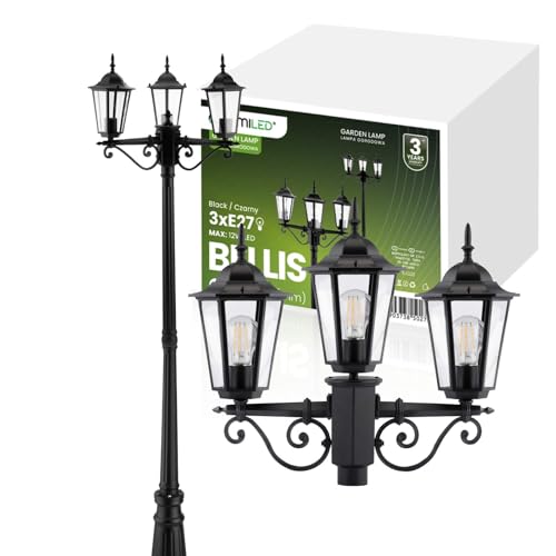 Lumiled Wegeleuchte Kandelaber 3-armige Vintage Außenleuchte Außenstehleuchte 230V 2.2m Laterna Standlampe Aluminium Schwarz Glas 3x E27 Wasserdicht für Outdoor Garten Retro Gartenlampe von Lumiled