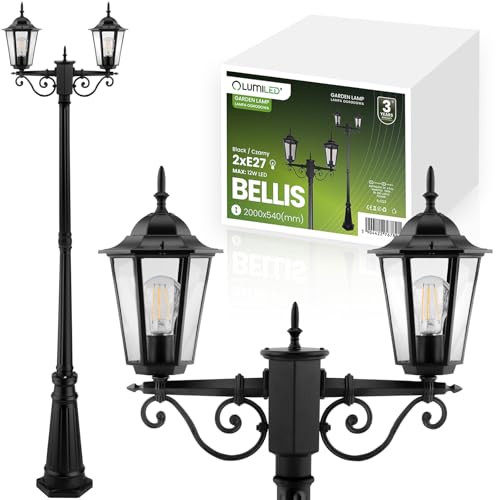 Lumiled Wegeleuchte Vintage Außenleuchte Außenstehleuchte 230V 200 cm Laterna Standlampe Aluminium Schwarz Wasserdicht für alle E27 Leuchtmittel 2xE27 Ideal für Outdoor Garten Retro Gartenlampe von Lumiled