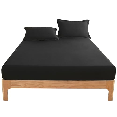 Lumimi Spannbettlaken Spannbetttuch Bettlaken aus Mikrofaser, 140cm x 200cm für Matratzen bis 30cm Höhe, Superweich Schlafkomfort Rundum Gummizug Faltenfrei Formstabil Pflegeleicht Schwarz von Lumimi