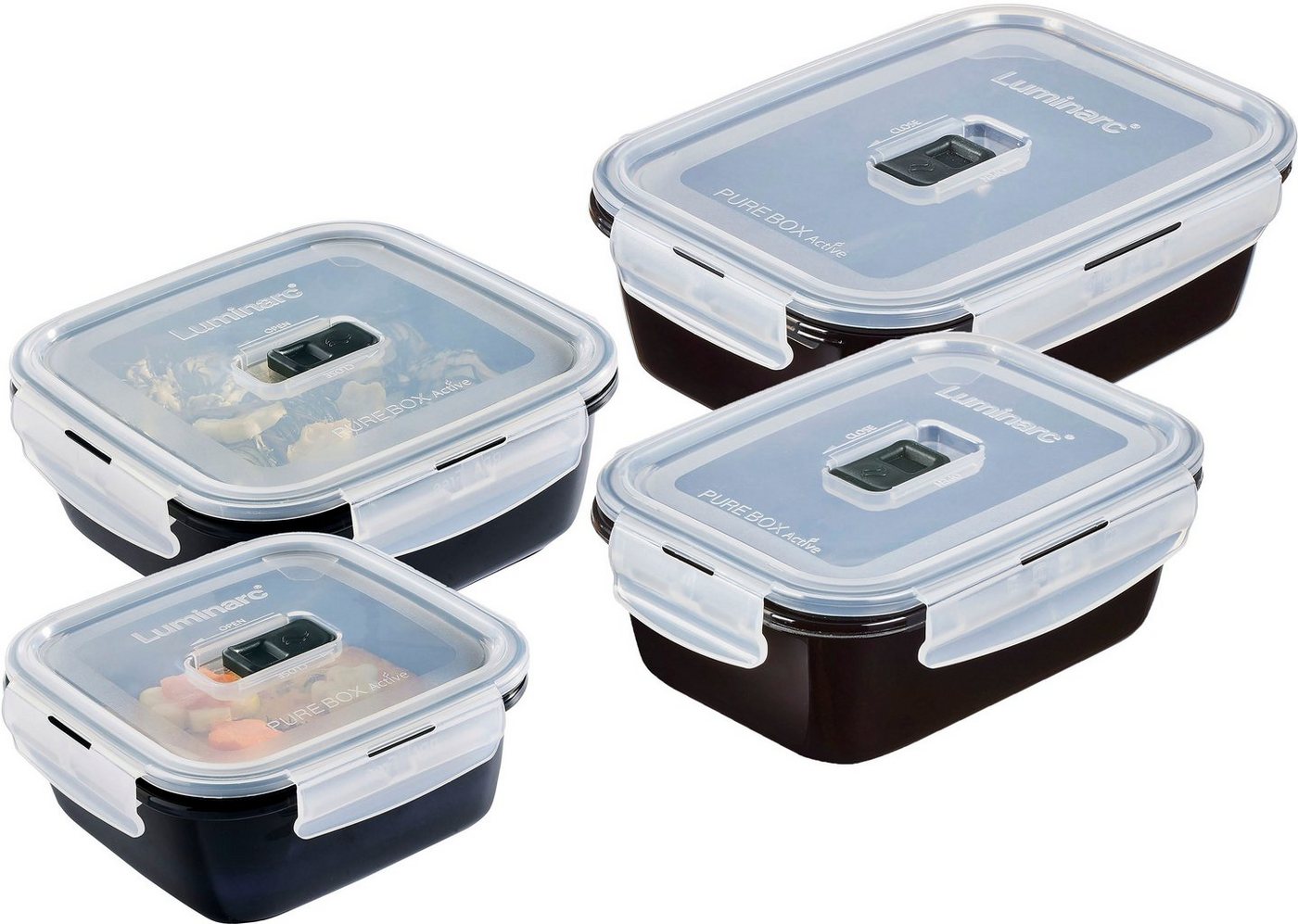 Luminarc Frischhaltedose Black Box, Glas, (Set, 4-tlg), Luft- und wasserdicht/ Clip & Close Verschluss, 82 cl, 76 cl, 2x122 cl von Luminarc
