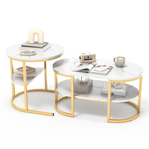 Luminarix 2er Set Couchtisch, Rund und Oval Beistelltisch mit Stauraum, Marmor Optik, Metallrahmen Wohnzimmertisch Satztische Sofatisch Kaffeetisch, Weiß & Golden von Luminarix