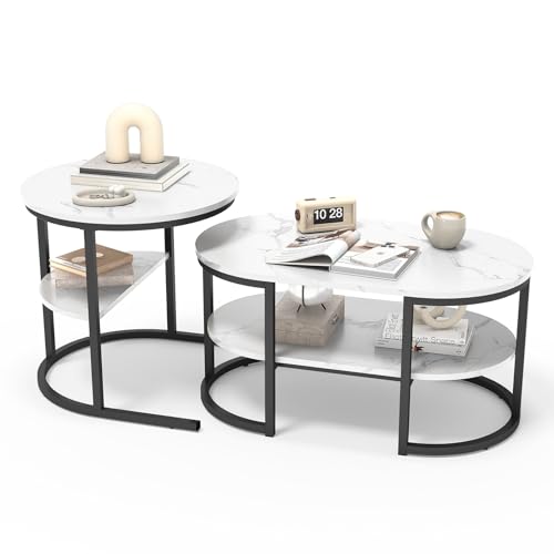 Luminarix 2er Set Couchtisch, Rund und Oval Beistelltisch mit Stauraum, Marmor Optik, Metallrahmen Wohnzimmertisch Satztische Sofatisch Kaffeetisch, Weiß & Schwarz von Luminarix