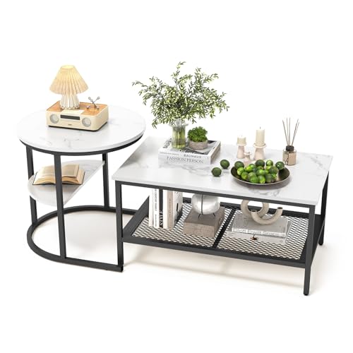 Luminarix 2er Set Couchtisch, Rund und Rechteck Beistelltisch mit Stauraum, Marmor Optik, Metallrahmen Wohnzimmertisch Satztische Sofatisch Kaffeetisch, Weiß & Schwarz Luminarix 2er Set Couchtisch, Rund und Rechteck Beistelltisch mit Stauraum, Marmor Optik, Metallrahmen Wohnzimmertisch Satztische Sofatisch Kaffeetisch, Weiß & Schwarz von Luminarix