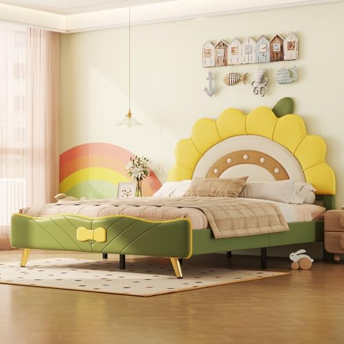 Luminarix Kinderbett 140 x 200cm,Einzelbett Kinderbett Flachbett mit Sonnenblumenform, Schleifenverzierung am Ende des Bettes, Für Kinder geeignet,gelb von Luminarix