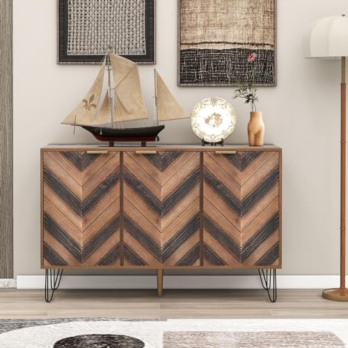 Luminarix Retro-Braun Kommode mit DREI Türen, Kommode Sideboard Schwarz Metallbeinen Schubladenkommode für Küche,Wohnzimmer von Luminarix