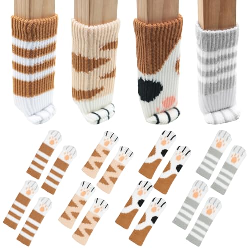 LuminaryLair 16 Stück Stuhlsocken Katze,4 Muster Elastisch Stuhlbeinsocken,Katzenpfoten Stuhlbeinschutz,Stuhlbeinkappen Tisch, Anti-Scratch Stuhl Socken,für Schreibtisch,Schrank,Türgriff, Stühle von LuminaryLair