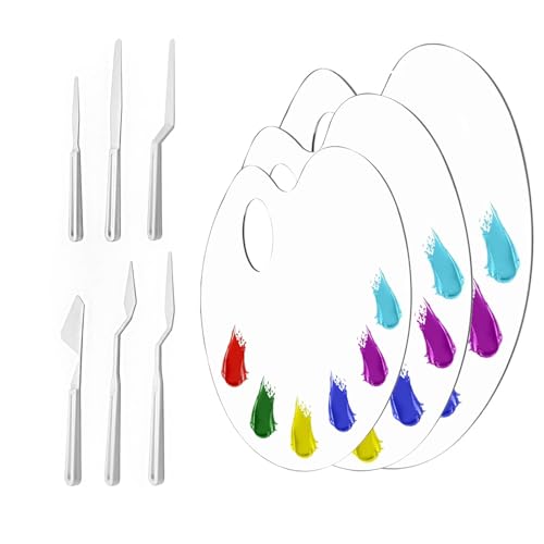 3 Stück Klare Acryl Malpalette mit 6 Stück Malerspachtel, Antihaft Öl Farbmischpalette, Transparent Oval Art Palette mit Griffloch, Mischpaletten für Ölfarben Acryl für Kunstprojekte, Kunsthandwerk von LuminaryLair