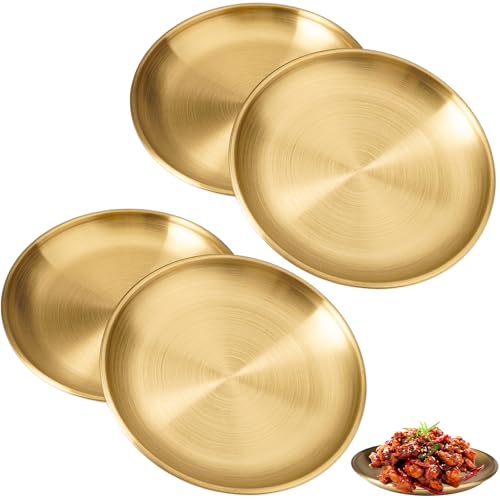 LuminaryLair 4 Stück Gold Speiseplatte Edelstahl Rundes, 14 X 1.3cm/5.5 X 0.51in Edelstahl Gold Unterteller, Goldene Platte Rundes, Deko Tablett Rund für Küche, Esszimmer, Camping, Tellerdekoration von LuminaryLair