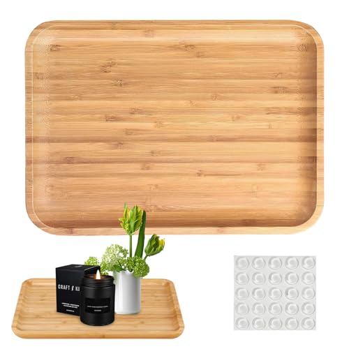 Tablett Holz, 30×20×2cm Serviertablett mit Selbstklebenden Rutschfesten Silikonpads, Rechteckige Serviertablett, Holztablett deko, Holz Küchentablett,für Desserts,Pflanzen,Geschirr,Kosmetik,Badezimmer von LuminaryLair