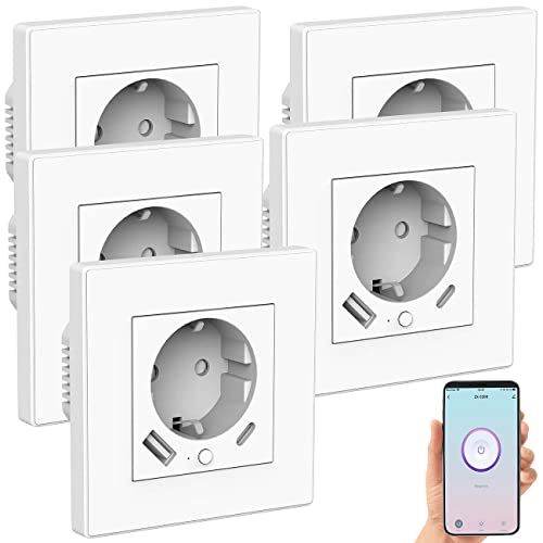 Luminea Home Control Steckdose Smart: 5er-Set WLAN-Unterputzsteckdosen mit App, je 1x USB A, 1x USB C, 2 A (Steckdose C, Netzwerk schalten, Tischsteckdose) von Luminea