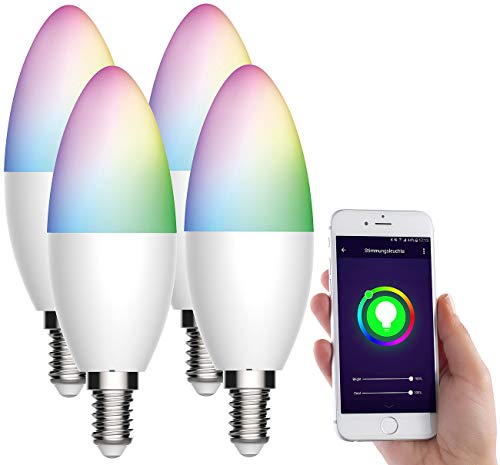 Luminea Home Control WiFi Glühbirne E14: 4er-Set WLAN-LED-Kerze, E14, RGB-CCT, 5,5 W (ersetzt 40 W), 470lm, App (E14 RGB WiFi, E14 LED RGB WiFi, Fernbedienungen) von Luminea