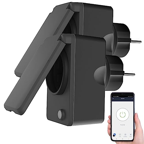Luminea Home Control Alexa-WiFi-Steckdosen: 2er-Set smarte WLAN-Outdoor-Steckdose, Energiekostenmesser, 16A, IP44 (Zeitschaltuhr Digital WLAN, Digitale Zeitschaltuhr mit App, Schalter) von Luminea
