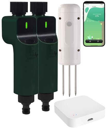 Luminea Home Control BodenFeuchtigkeits&Temperatursensor,ZigbeeGateway,2X Bewässerungscomp. von Luminea