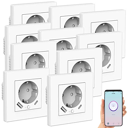 Luminea Home Control WLAN Steckdose Einbau: 10er-Set WLAN-Unterputzsteckdosen mit App, je 1x USB A, 1x USB C, 2 A (Ladeport Steckdose, Smart-WiFi-Steckdose) von Luminea