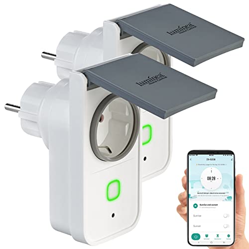 Luminea Home Control Elesion Steckdosen außen: 2er-Set WLAN-Outdoor-Steckdosen, HomeKit-fähig, App, Strommessung (Steckdose Zeitschaltuhr App, Strommessgerät-Steckdose außen, Fernbedienung) von Luminea