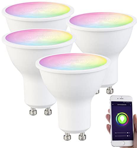 Luminea Home Control Alexa GU10-LED: 4er-Set WLAN-LED-Spots, GU10, RGB-CCT 4,5 Watt, 326 lm, 45°, App (LED-Glühbirne GU10, LED-Birnen GU10, Wohnzimmerleuchten) von Luminea