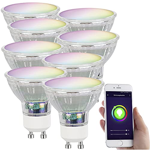 Luminea Home Control WLAN LED: 8er-Set WLAN-RGB/CCT-Glas-Lampe, GU10, für Siri, Alexa & GA, 4,5 W (GU10 LED Alexa, GU10-RGBW-LED WiFi, Wohnzimmerleuchten) von Luminea