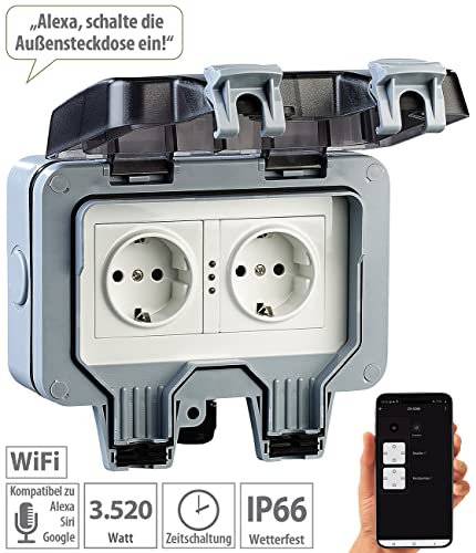 Luminea Home Control Outdoor Steckdose WLAN: Outdoor-WLAN-Aufputz-Doppelsteckdose, Sprachbefehl, Strommessung, App (Steckdosen Smart, Zeitsteckdose außen, Weihnachtsbeleuchtung) von Luminea