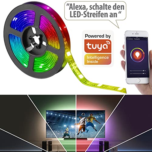 Luminea Home Control LED Lichtstreifen: 2er Set USB-RGB-LED-Streifen mit WLAN, App und Sprachsteuerung, 2 m (LED Stripes Alexa, WLAN-LED-Lichterkette, Weihnachtsbaumbeleuchtung) von Luminea